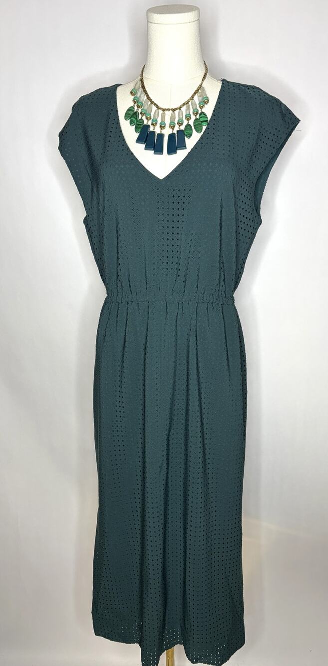 J.Crew Teal Textured Perforated Midi Dress Elastic Waist Size 10